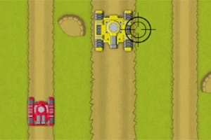 Dva tanky na prašnej ceste, jeden červený a druhý žltý, s cieľovým zameraním na žltý tank