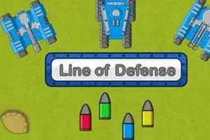 Modré tanky na zelenom pozadí, stredom obrázka prechádza nápis „Line of Defense” a pod ním sú farebné projektily