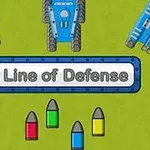 Modré tanky na zelenom pozadí, stredom obrázka prechádza nápis „Line of Defense” a pod ním sú farebné projektily