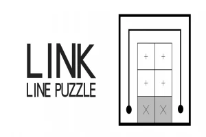 Text LINK LINE PUZZLE vedľa štvorcového diagramu s čiarami a znamienkami plus a mínus