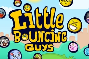 Farebný nápis Little Bouncing Guys obklopený rôznymi veselými a farebnými tvárami na svetlom pozadí