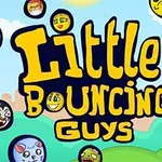 Farebný nápis Little Bouncing Guys obklopený rôznymi veselými a farebnými tvárami na svetlom pozadí