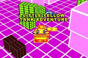 Žltý tank na fialovej mriežkovanej ploche s textom LITTLE YELLOW TANK ADVENTURE a zelenými a hnedými kockami