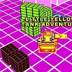 Žltý tank na fialovej mriežkovanej ploche s textom LITTLE YELLOW TANK ADVENTURE a zelenými a hnedými kockami
