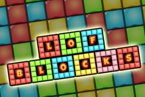 Farebná mozaika štvorcov s nápisom LOF BLOCKS zo žltých, modrých, zelených a červených blokov