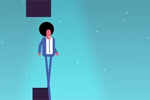 Postava s afro účesom stojí medzi dvoma čiernymi blokmi na modrom pozadí s drobnými bielymi bodkami