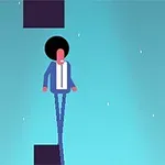 Postava s afro účesom stojí medzi dvoma čiernymi blokmi na modrom pozadí s drobnými bielymi bodkami