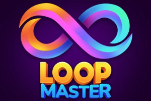 Farebný symbol nekonečna so slovami LOOP MASTER v žlto-modrom texte na tmavom pozadí