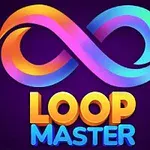Farebný symbol nekonečna so slovami LOOP MASTER v žlto-modrom texte na tmavom pozadí