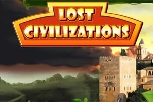 Nápis Lost Civilizations na pozadí krajiny s hradbami a zelenými kopcami