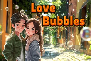 Ilustrovaný mladý pár objímajúci sa v slnečnej uličke plnej mydlových bublín s nápisom Love Bubbles