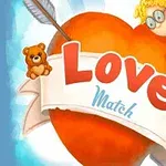 Veľké červené srdce s nápisom Love Match, obklopené dvoma kreslenými anjelmi a medvedíkom