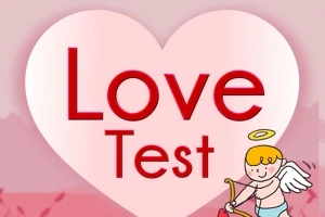 Srdce s nápisom Love Test a kreslený anjelik s lukom a šípom