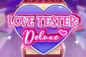 Fialové srdce s nápisom Love Tester: Deluxe v ružových a bielych farbách na pozadí s iskrivými hviezdami