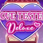 Fialové srdce s nápisom Love Tester: Deluxe v ružových a bielych farbách na pozadí s iskrivými hviezdami