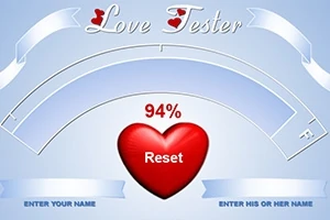 Červené srdce s textom „Reset“ uprostred, nad ktorým je zobrazená hodnota „94%“, na modrom pozadí s nápisom „Love Tester“