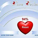 Červené srdce s textom „Reset“ uprostred, nad ktorým je zobrazená hodnota „94%“, na modrom pozadí s nápisom „Love Tester“