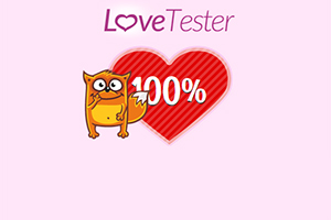 Mačka pred červeným srdcom s nápisom 100% na ružovom pozadí s textom Love Tester hore