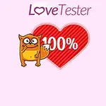 Mačka pred červeným srdcom s nápisom 100% na ružovom pozadí s textom Love Tester hore