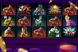 Auditorium s tematickým automatom zobrazujúci rôzne športové ikony a symboly ako Wild, Jackpot a Bonus