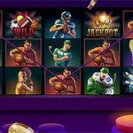 Auditorium s tematickým automatom zobrazujúci rôzne športové ikony a symboly ako Wild, Jackpot a Bonus