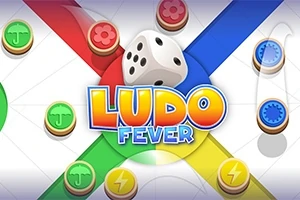 Farebná herná doska so štyrmi farebnými cestami, hracou kockou a nápisom Ludo Fever v strede