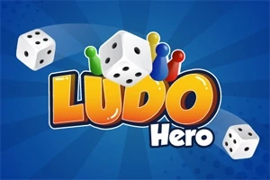 Hra obsahuje farebné figúrky, kocky a zvýraznený nápis Ludo Hero na modrom pozadí