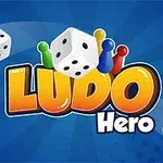 Hra obsahuje farebné figúrky, kocky a zvýraznený nápis Ludo Hero na modrom pozadí