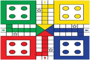 Farebná hracia doska so štyrmi oblasťami v zelenom, žltom, modrom a červenom prevedení, každá s kruhovými políčkami