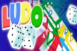 Farebný nápis „LUDO“ s dvoma kockami a farebnou hracou doskou na modrom pozadí