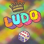 Farebné 3D písmená skladajú slovo LUDO s korunou navrchu a kockou s farebnými bodkami na farebnom rozmazanom pozadí