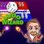 Dvaja kreslení čarodejníci s kúzelnými paličkami, veľká kocka a herný plán s farebnými políčkami na fialovom pozadí s nápisom Ludo Wizard