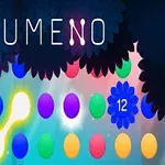 Farebné guľôčky usporiadané v radoch s názvom LUMENO hore a číslom dvanásť v modrej kvetine