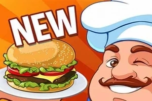 Kreslený kuchár žmurká vedľa taniera s hamburgerom a nápisom NEW na oranžovom pozadí