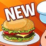 Kreslený kuchár žmurká vedľa taniera s hamburgerom a nápisom NEW na oranžovom pozadí