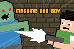 Postava s tmavými vlasmi drží zbraň a mieri na zelenú bytosť s červenými očami pred tehlovou stenou s nápisom „Machine Gun Boy“