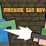 Postava s tmavými vlasmi drží zbraň a mieri na zelenú bytosť s červenými očami pred tehlovou stenou s nápisom „Machine Gun Boy“