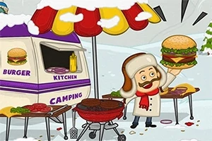 Muž v zimnom oblečení stojí vonku pred stánkom s jedlom, drží veľký hamburger a vedľa neho je gril