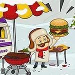 Muž v zimnom oblečení stojí vonku pred stánkom s jedlom, drží veľký hamburger a vedľa neho je gril