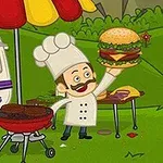 Kreslený šéfkuchár v bielom oblečení pod slnečníkom drží veľký hamburger vedľa grilu a stánku s nápisom Camping Kitchen