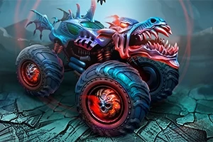 Monster truck s dizajnom dračej hlavy a krídel na rozpraskanom teréne