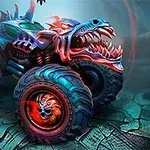 Monster truck s dizajnom dračej hlavy a krídel na rozpraskanom teréne
