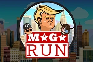 Kreslená postava s blond vlasmi v kruhu, dve karikatúry hláv a nápis M*A*G*A RUN na pozadí mesta