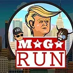 Kreslená postava s blond vlasmi v kruhu, dve karikatúry hláv a nápis M*A*G*A RUN na pozadí mesta