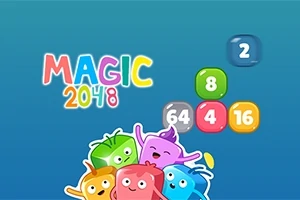 Farebné čísla a veselé kreslené postavičky na modrom pozadí s nápisom Magic 2048