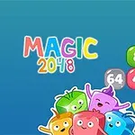 Farebné čísla a veselé kreslené postavičky na modrom pozadí s nápisom Magic 2048