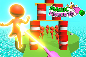 Oranžová postavička na zelenom ostrove s červenými sudmi a ďalšími postavičkami v pozadí, s nápisom „MAGIC FINGER 3D“ a fialovým prstom s iskrami