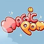 Farebný nápis s výraznými písmenami na modrom pozadí s roztomilými kreslenými postavičkami v rohoch
