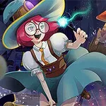Mladá čarodejnica s červenými vlasmi a klobúkom drží magickú paličku obklopená levitujúcimi predmetmi a svetielkami v magickom prostredí