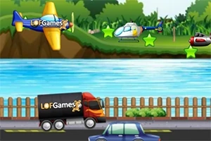 Ilustrácia ukazuje farebnú scenériu s lietadlom a helikoptérou vo vzduchu, riekou v strede, nákladným autom a autom na ceste v popredí